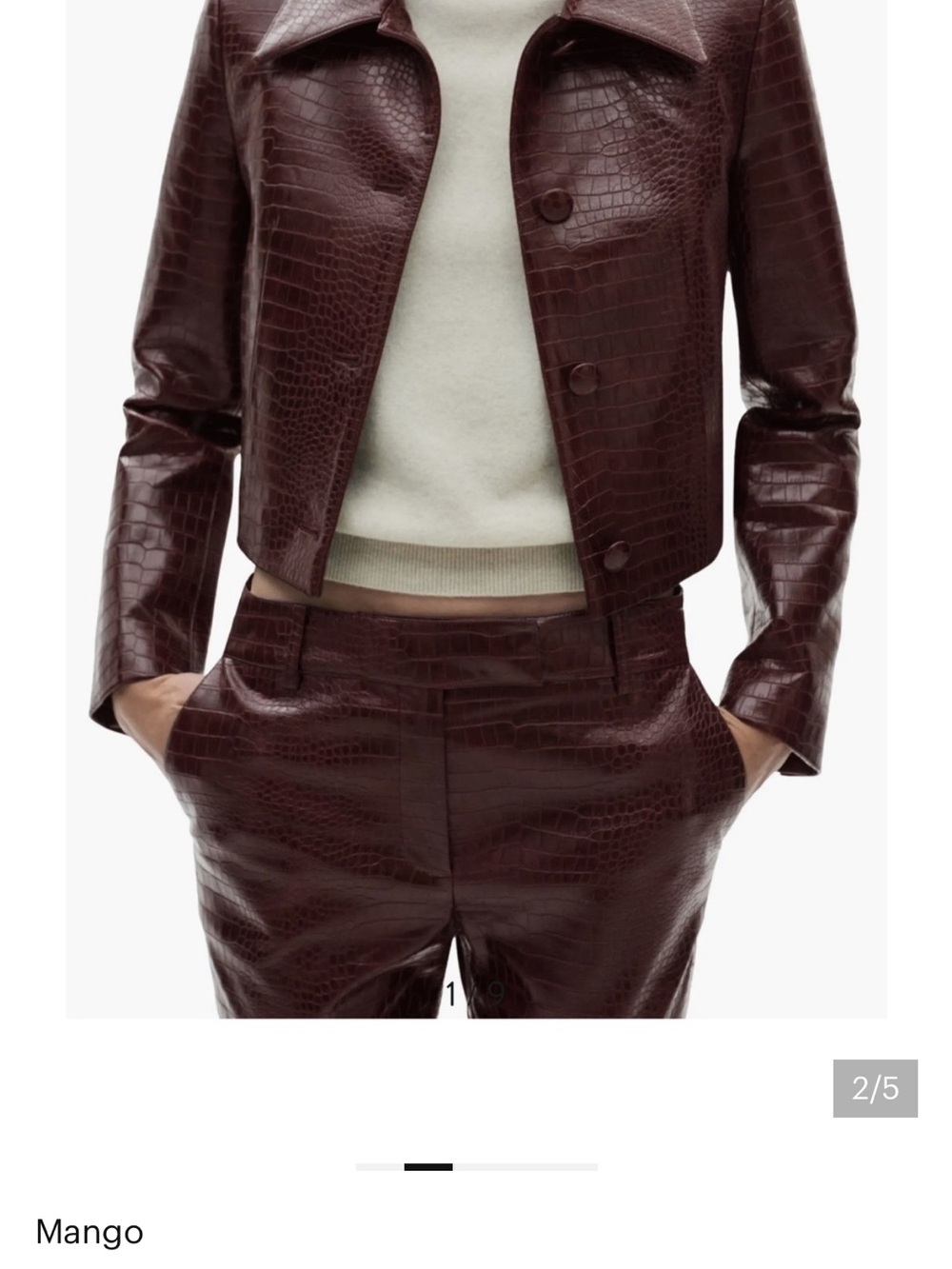Mango Cropped Croc-Embossed Leather Jacket in Deep Burgundy